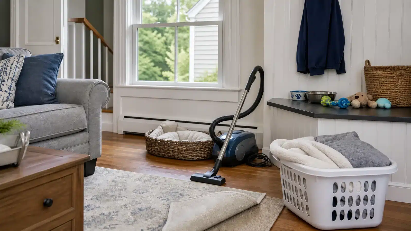 Vacuum, pet bedding, and household items prepared for flea treatment