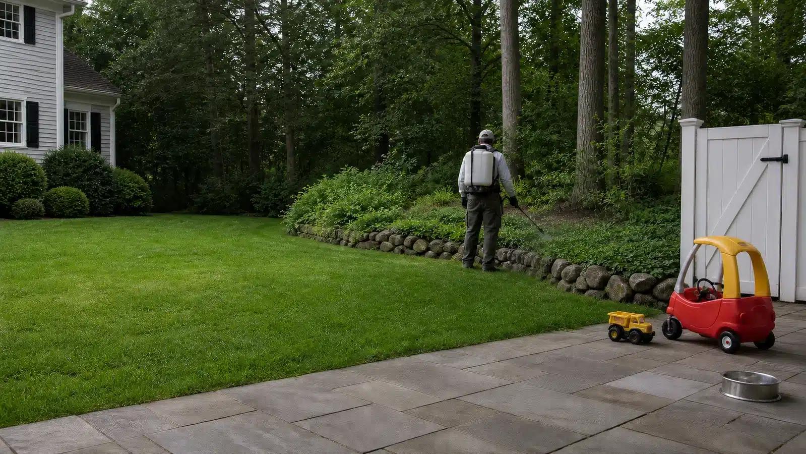 Professional tick treatment along a shaded Massachusetts lawn edge