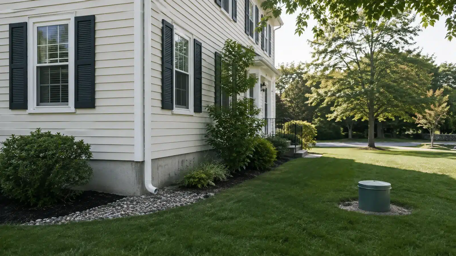 Illustrative scene of a capped wellhead near the foundation of a clapboard house.